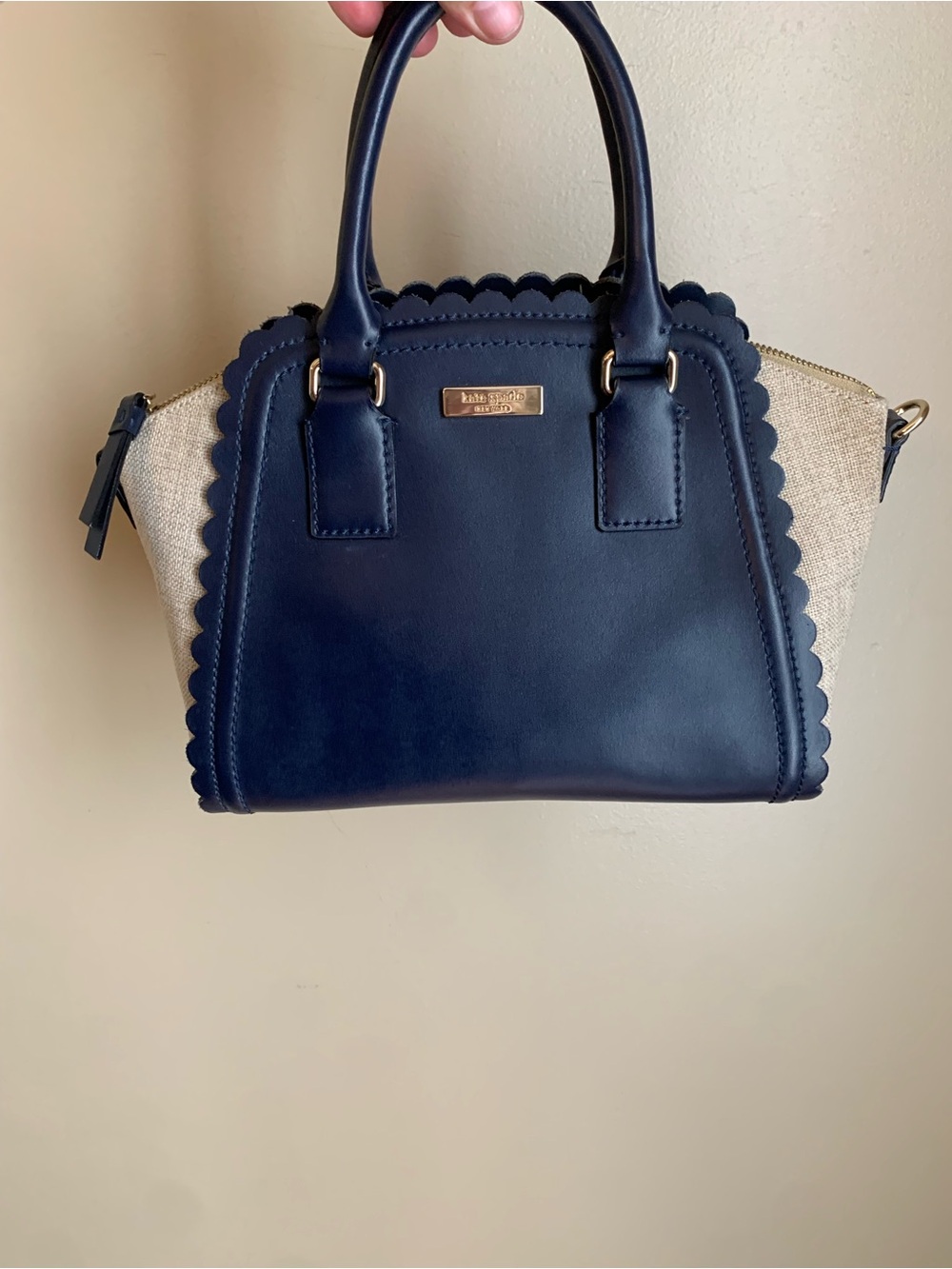 Kate Spade Linzi Maple Court Blue Scalloped Leather Satchel Bag Tote Gold Accent